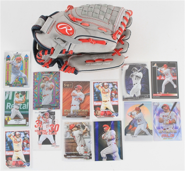 2010s Mike Trout Los Angeles Angels Memorabilia Collection - Lot of 14 w/ Trading Cards & Player Endorsed Store Model Baseball Mitt