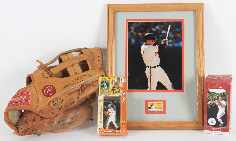 1990s Cal Ripken Jr. Baltimore Orioles Memorabilia - Lot of 4 w/ MIB Topps Action Flat, MIB Hallmark Ornament, Player Endorsed Store Model Baseball Mitt & Framed Display