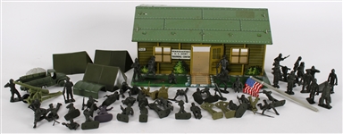 1950s Army Toy Collection - Lot of 50+ w/ Molded Figures, Training Center, Flag, Truck & More 