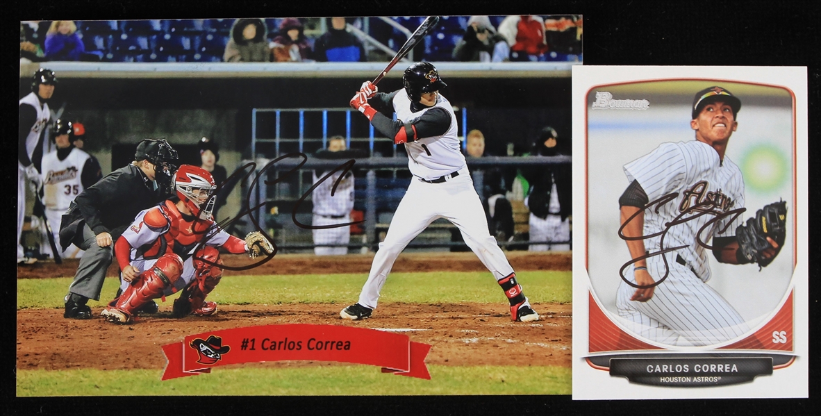 2013 Carlos Correa Houston Astros Autographed 3"x5" Photo and Trading Card (Lot of 2) (JSA)