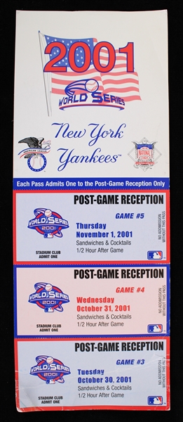 2001 Arizona Diamondbacks vs New York Yankees World Series Games 3-5 Post Game Reception Tickets (Blank Back)