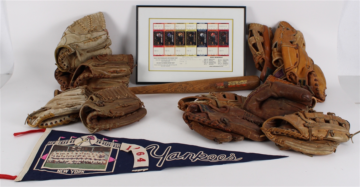 1950s-2000s Baseball Football Memorabilia Collection - Lot of 16 w/ Jackie Robinson Little League Decal Bat, Ted Williams Endorsed Store Model Baseball Mitts, 1964 Yankees Team Photo Pennant & More