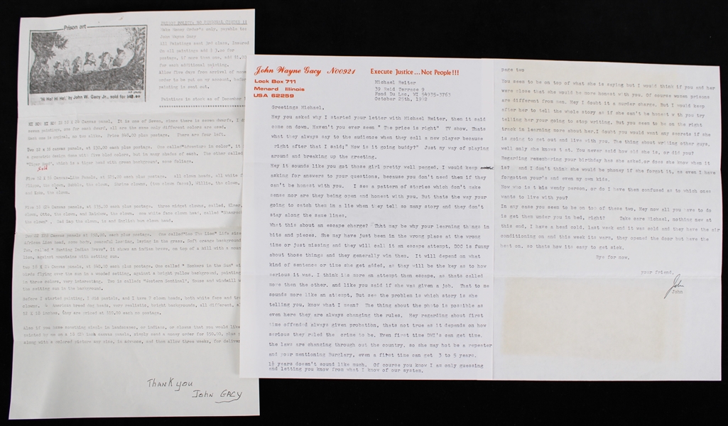 1992 John Wayne Gacy Signed Correspondence + Photocopied Prison Art Sheet (JSA)