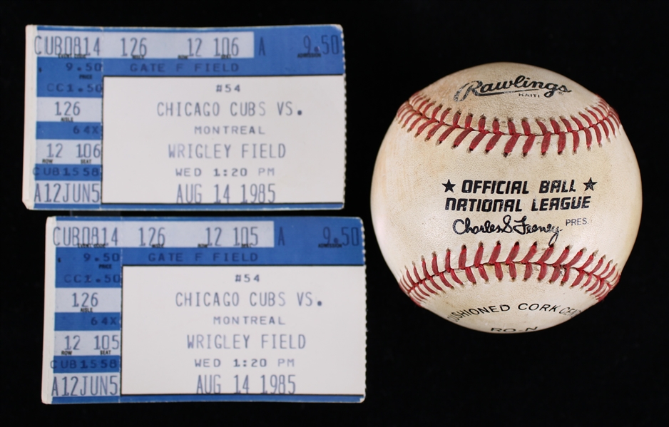 1985 (August 14) Chicago Cubs Montreal Expos Wrigley Field ONL Feeney Game Used Baseball w/ Pair of Ticket Stubs (MEARS LOA)