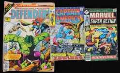 1970-1978 Reb Brown Capt America Signed Comic Books and Marvel The Defenders Comic Book (Lot of 3) (JSA)
