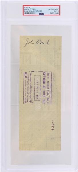 1958 John "Buck" ONeil Negro Leagues Signed Check (PSA Slabbed)