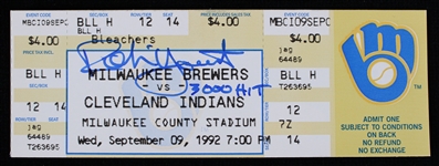 1992 Robin Yount Milwaukee Brewers Signed 3,000 Career Hit Full Ticket *JSA*