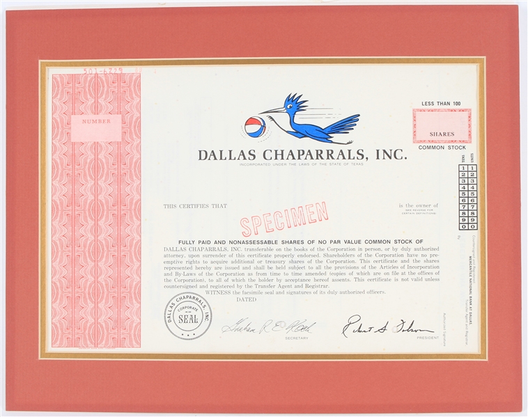 1967-73 Dallas Chaparrals ABA 11" x 14" Matted Blank Specimen Stock Certificate