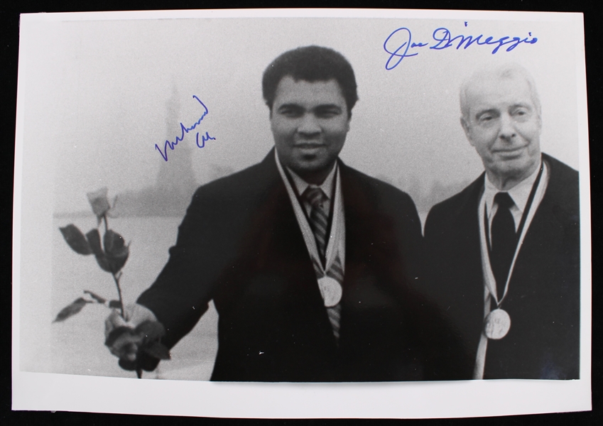 1986 Muhammad Ali and Joe DiMaggio Signed 10"x14" B&W Photo (JSA)