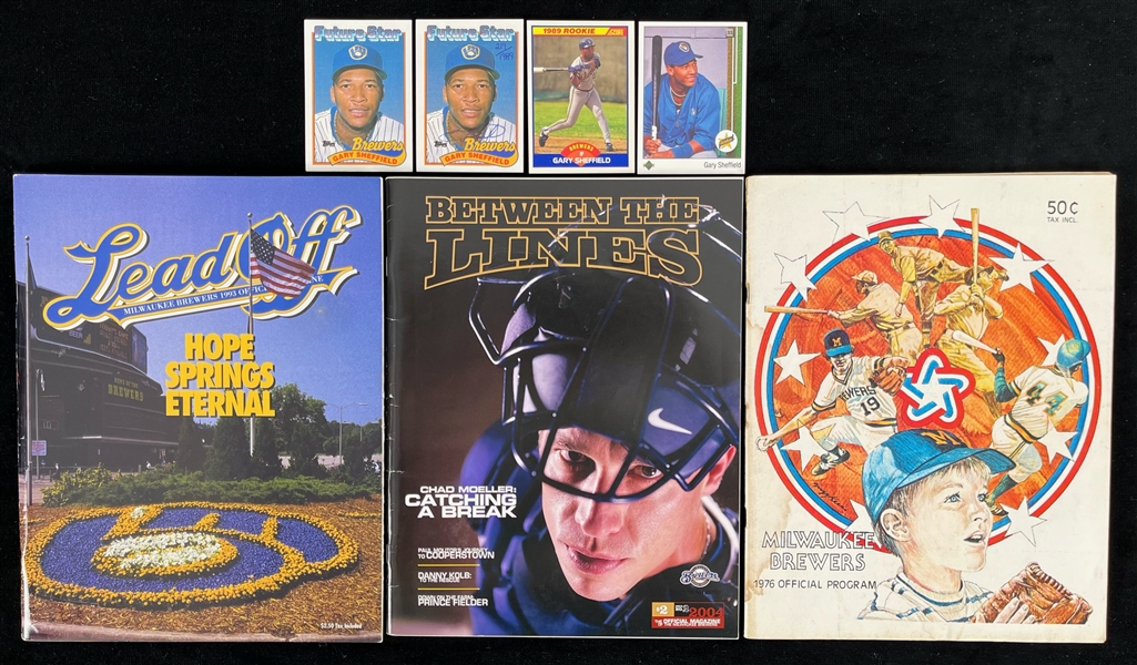 1976-2004 Gary Sheffield Milwaukee Brewers Trading Cards and Milwaukee Brewers Game Programs (Lot of 7)