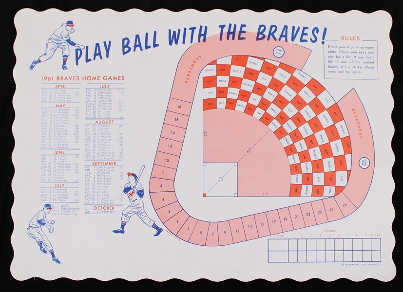 1961 HIGH GRADE Milwaukee Braves Placemat Schedule