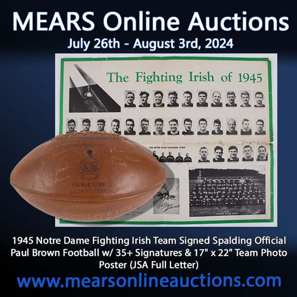 1945 Notre Dame Fighting Irish Team Signed Spalding Official Paul Brown Football w/ 35+ Signatures & 17" x 22" Team Photo Poster (JSA Full Letter)