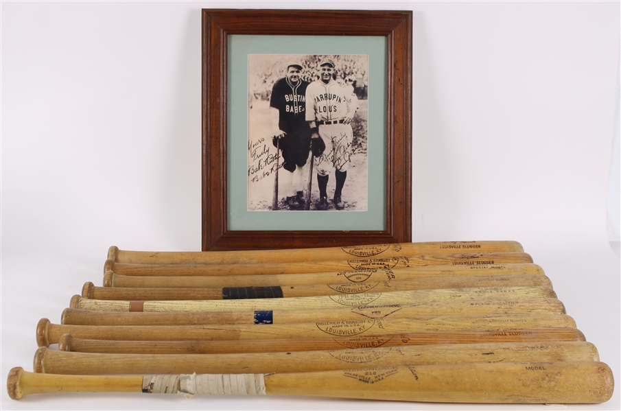 1920s-60s Babe Ruth & Lou Gehrig 18x21 Framed Photo w/ Store Model Baseball Bat Collection (Lot of 11)