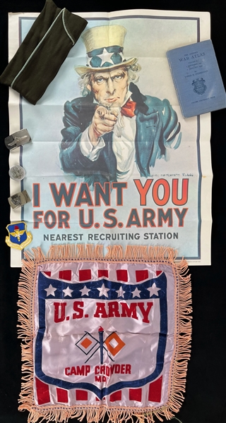 1940s-70s US Military Memorabilia Collection - Lot of 9 w/ I Want You Uncle Sam Poster, Pennant, Patch, Buckles, & More