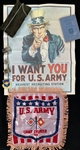 1940s-70s US Military Memorabilia Collection - Lot of 9 w/ I Want You Uncle Sam Poster, Pennant, Patch, Buckles, & More