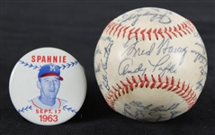 1959-63 Milwaukee Braves Memorabilia - Lot of 2 w/ Facsimile Team Stamped Baseball & 2" Warren Spahn Pinback Button