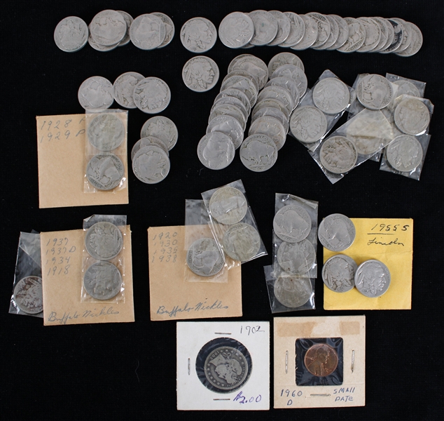 1902-60 Buffalo Nickel Coin Collection - Lot of 70 w/ 1902 Quarter & 1960 Penny