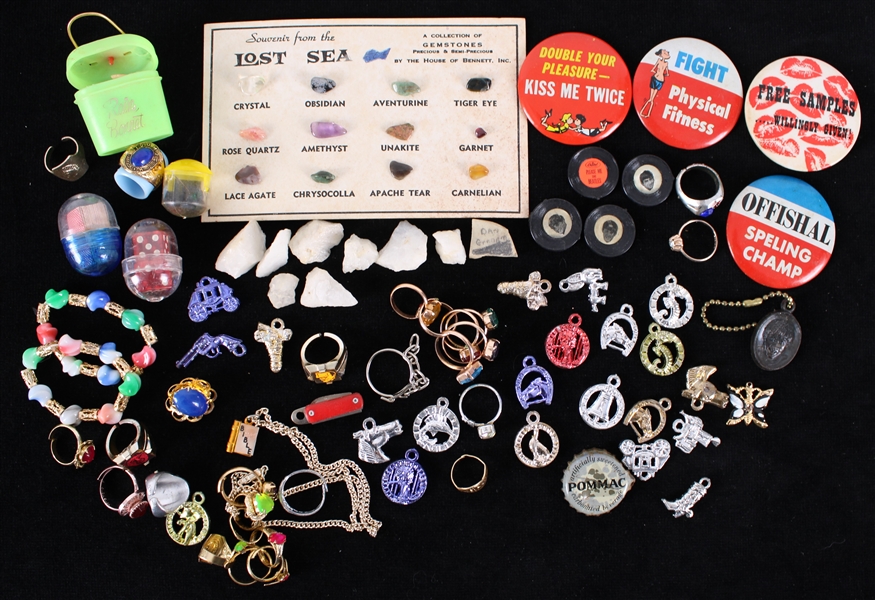 1960s Americana Gumball Machine Toy Collection - Lot of 60 w/ Pinback Buttons, Lost Sea Gemstone Card, Mini-Beatles Records & More 