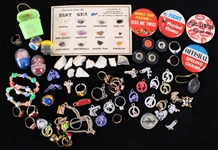 1960s Americana Gumball Machine Toy Collection - Lot of 60 w/ Pinback Buttons, Lost Sea Gemstone Card, Mini-Beatles Records & More 
