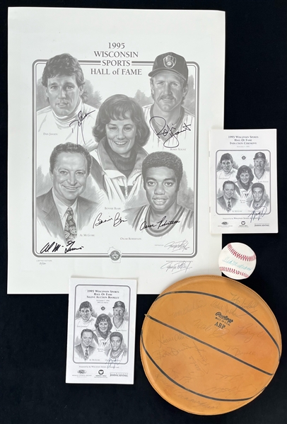 1970s-90s Autograph Collection - Lot of 5 w/ Ted Williams Signed Baseball, 1972 Bucks Multi Signed 12" Basketball Display & 1995 Wisconsin Sports Hall of Fame Lithograph (JSA) 