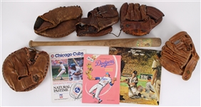 1940s-80s Baseball Memorabilia Collection - Lot of 10 w/ Jackie Robinson Louisville Slugger Little League Decal Bat, Player Endorsed Store Model Mitts & More