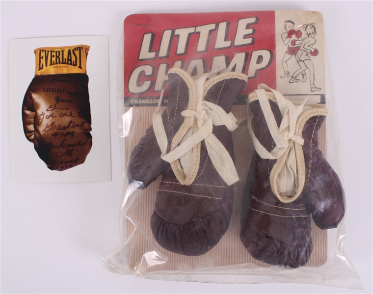 1960s Little Champ MOC Franklin Boxing Gloves + Elvis Presley Muhammad Ali Postcard 