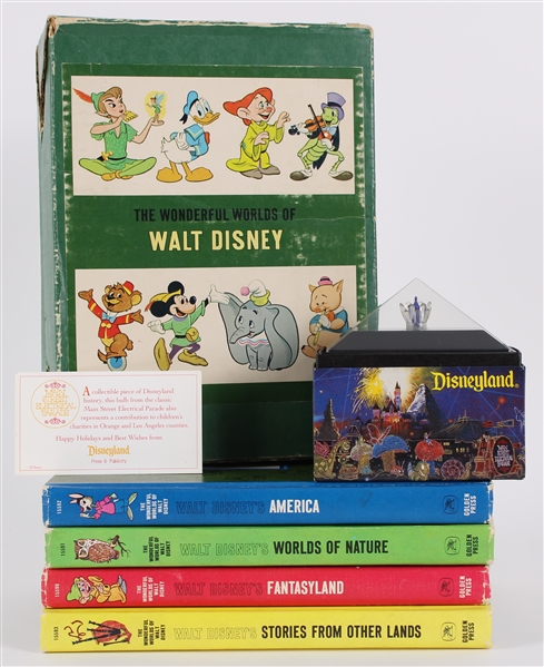 1960s-90s Walt Disney Memorabilia Collection - Lot of 5 w/ Main Street Electrical Parade Light Bulb & Wonderful Worlds of Walt Disney Hardcover Books 