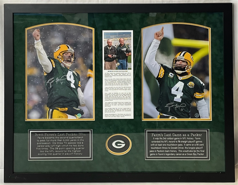 2007 Brett Favre Green Bay Packers Dual Signed 32" x 41" Frame Jim Biever Photo Display (Favre Hologram/COA)