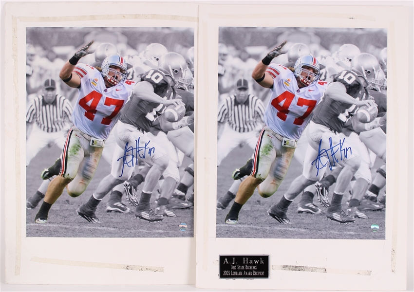 2005 AJ Hawk Ohio State Buckeyes Signed 20" x 27" Matted Photo Displays - Lot of 2 (Player Hologram)