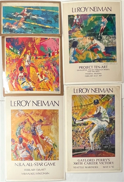 1976-82 LeRoy Neiman Sports Art Poster Collection - Lot of 5 (2 Matted, 1 Signed) w/ 1977 24x36 NBA All Star Game, Gaylord Perry 300th Win & More