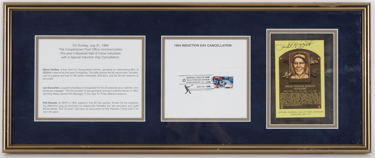 1994 Phil Rizzuto New York Yankees 11" x 26" Framed Hall of Fame Display w/ Signed Yellow HOF Postcard (JSA)