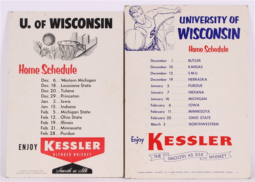 1954-56 University of Wisconsin Badgers Basketball Kessler Whiskey Home Schedule Easelback Displays - Lot of 2