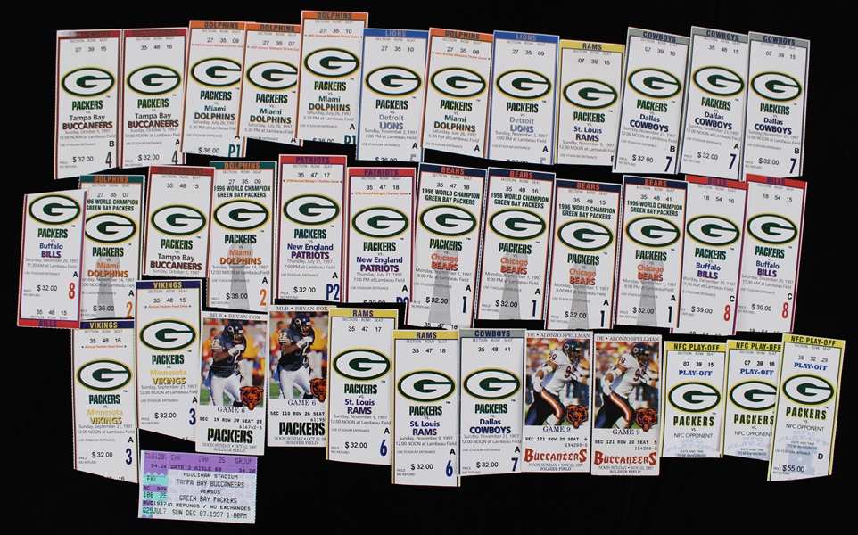 1997 Green Bay Packers Ticket Stub Collection - Lot of 38 w/ Lambeau Field, Soldier Field and Houlihan Stadium