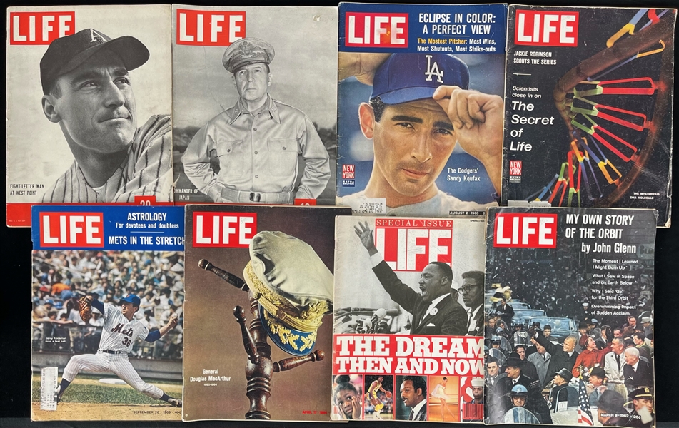 1945-88 Life Magazine Collection - Lot of 8 w. General MacArthur, Sandy Koufax, John Glenn & More