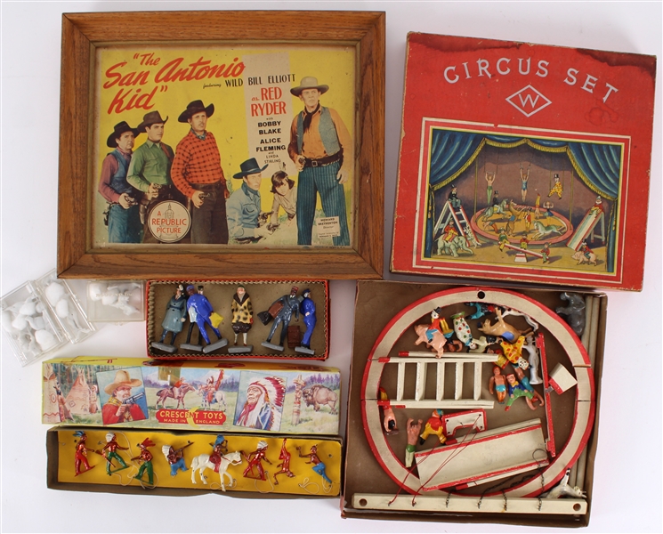 1940s Americana Toy Collection - Lot of 17 w/ Circus Set, Painted Native American Figures by Crescent Toys, 13" x 16" Framed The San Antonio Kid Lobby Card & More