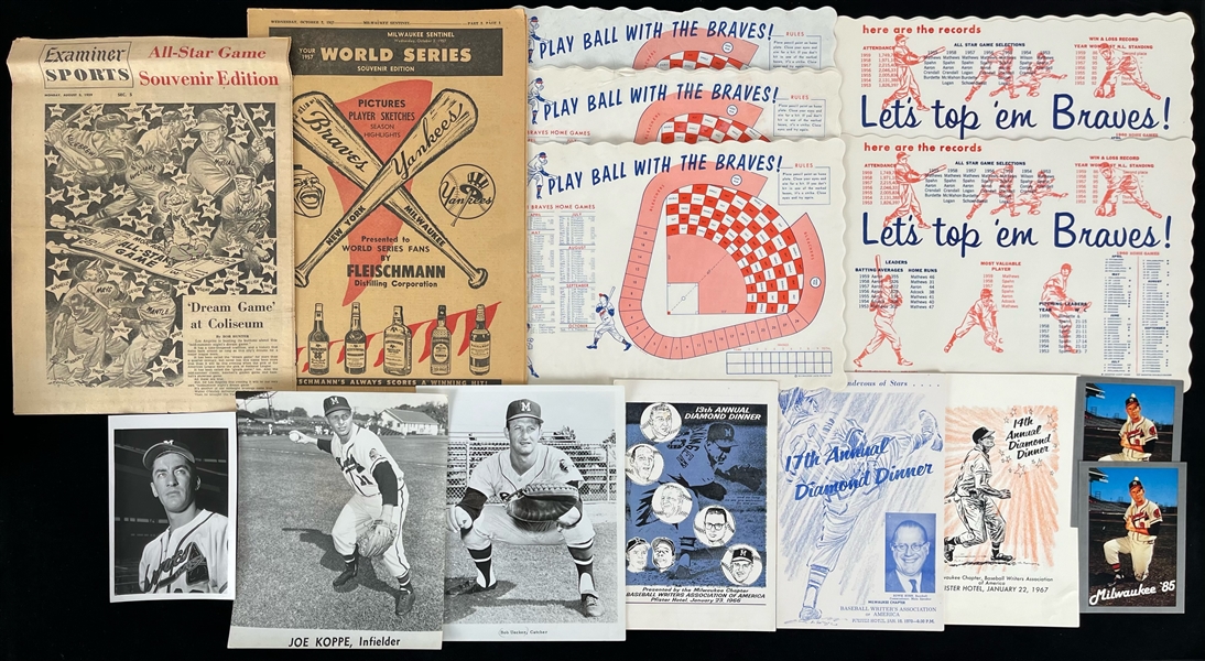 1950s-60s Milwaukee Braves Memorabilia Collection - Lot of 81 w/ Bob Hazle Signed 11" x 14" Mounted Photo, Newspaper Sections, Placemats, Bob Uecker Photo & More (JSA)