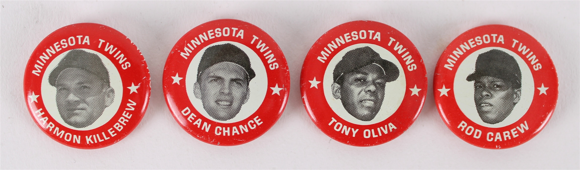 1967-69 Minnesota Twins 3/4" Player Pinback Buttons - Lot of 4 w/ Rod Carew, Harmon Killebrew, Tony Oliva & Dean Chance