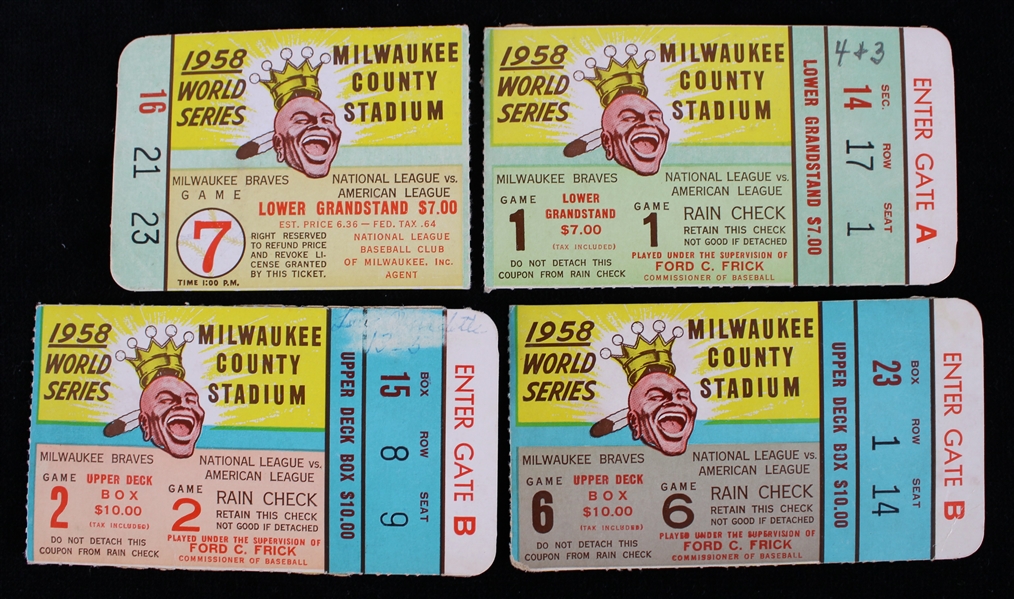 1958 Milwaukee Braves New York Yankees Milwaukee County Stadium World Series Ticket Stubs - Lot of 4 w/ Games 1, 2, 6 & 7