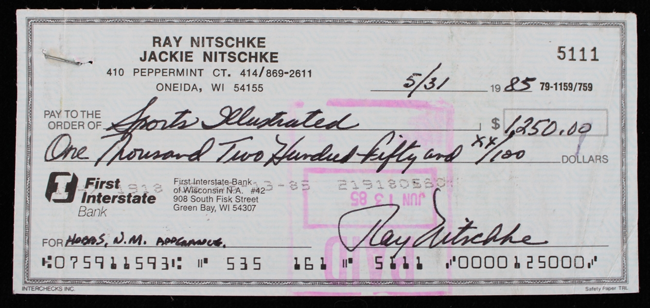 1985 Ray Nitschke Green Bay Packers Signed Personal Check (JSA) *Ray Nitschke Estate*