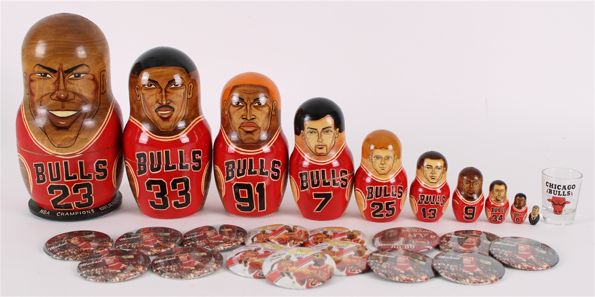 1987-89 Michael Jordan Chicago Bulls Memorabilia Collection - Lot of 17 w/ Pinback Buttons & 1996 NBA Champions Nesting Doll