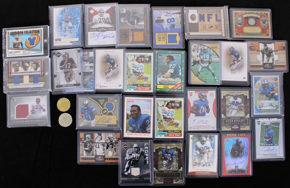 1980s-2000s Detroit Lions Football Trading Card Collection - Lot of 34 w/ Insert Cards, Auto Cards, Game Worn Jersey Cards & More