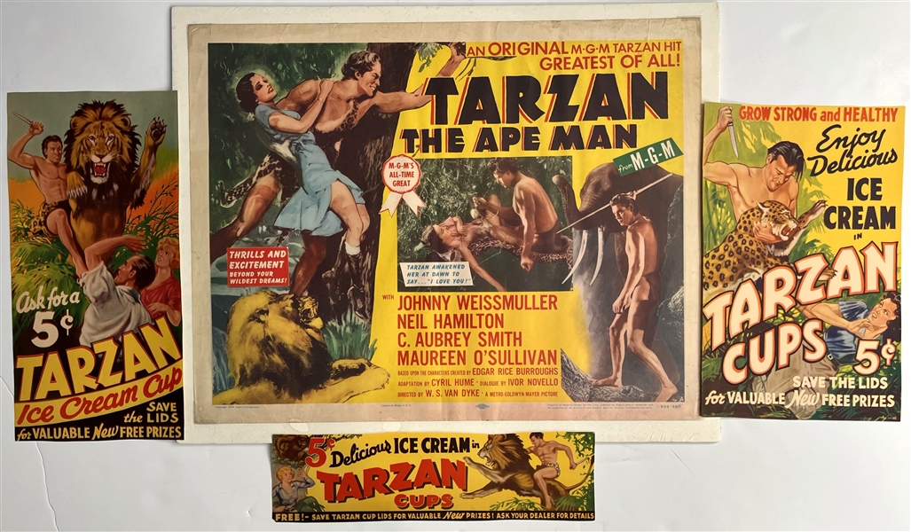 1954 Tarzan The Ape Man 22x28 Poster w/ Tarzan Ice Cream Ads (Lot of 4)