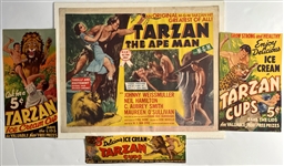 1954 Tarzan The Ape Man 22x28 Poster w/ Tarzan Ice Cream Ads (Lot of 4)