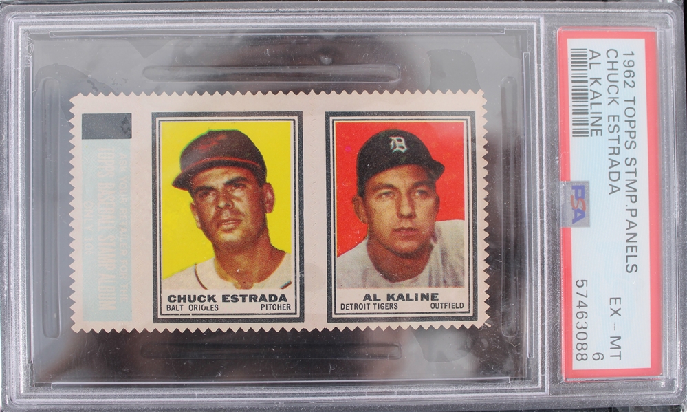 1962 Chuck Estrada, Al Kaline Topps Stamp Panels (PSA Slabbed EX-MT 6)