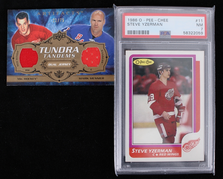 1986 Steve Yzerman Detroit Red Wings O-Pee-Chee #11 Rookie Hockey Trading Card (PSA Slabbed NM 7) & Gordie Howe Mark Messier Tundra Tandems Dual Jersey Relic Card - Lot of 2