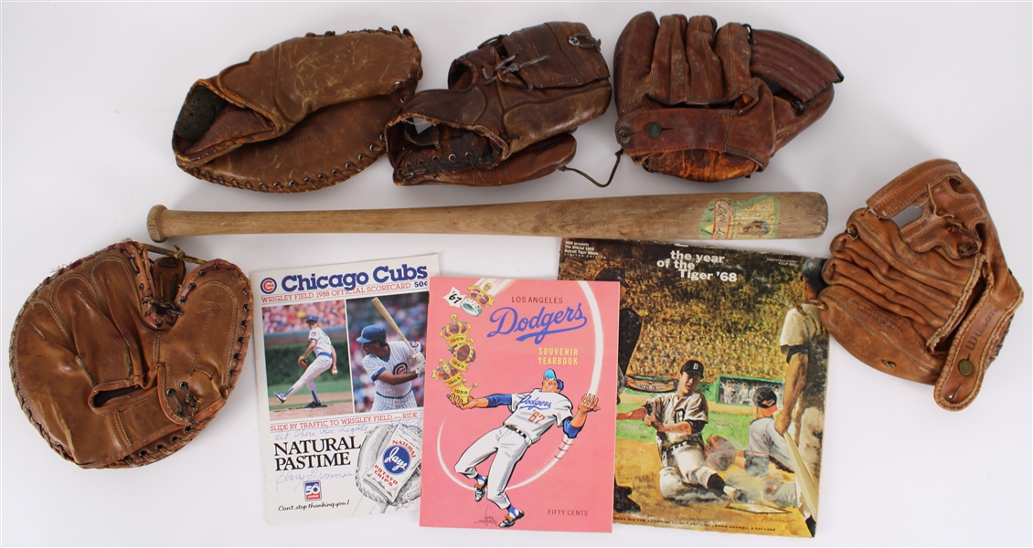 1940s-80s Baseball Memorabilia Collection - Lot of 10 w/ Jackie Robinson Louisville Slugger Little League Decal Bat, Player Endorsed Store Model Mitts & More