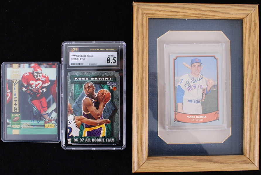 1990s Baseball Football Basketball Trading Cards - Lot of 3 w/ Kobe Bryant Slabbed, Yogi Berra Signed & Jamal Anderson Signed (JSA)