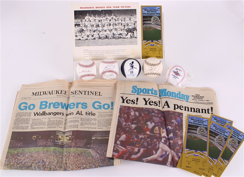 1980s-2010s Milwaukee Brewers Memorabilia Collection - Lot of 14 w/ Tickets, Signed Baseballs & More (JSA)