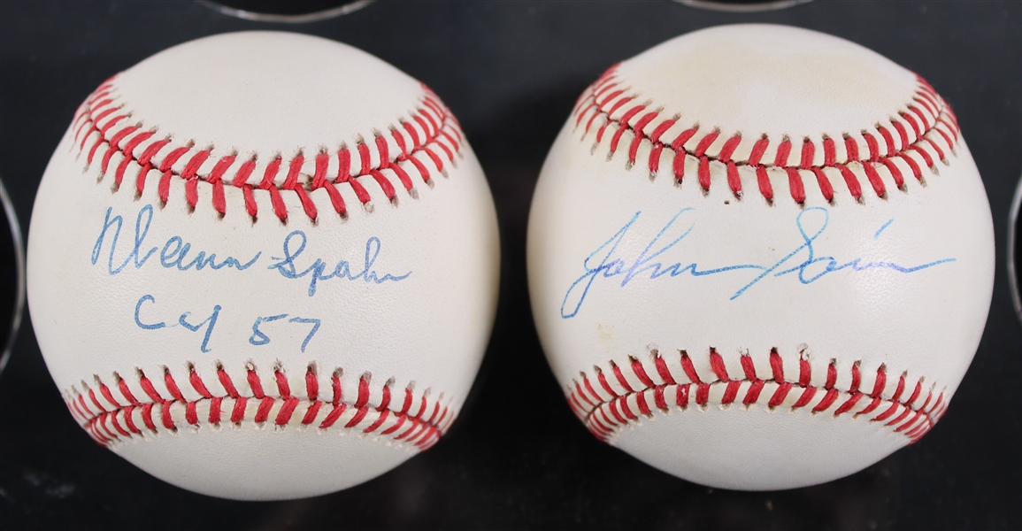 1990s Warren Spahn Johhny Sain (& Pray For Rain) Boston Braves Signed ONL White Baseballs - Lot of 2 (JSA) **349**