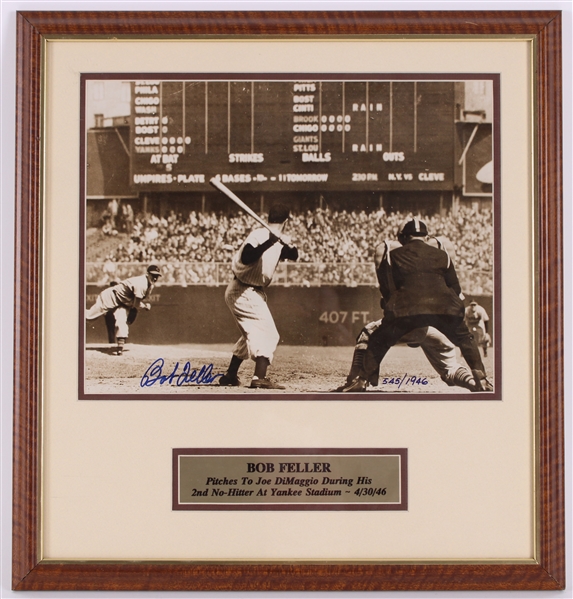 1990s Bob Feller Cleveland Indians Signed 17.5" x 18.5" Framed Photo Display **Stacks of Plaques**